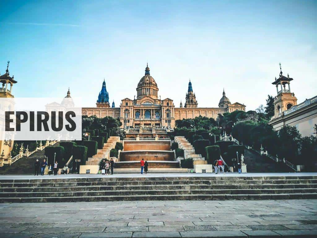 Majestic palace with dome and grand staircases and gardens