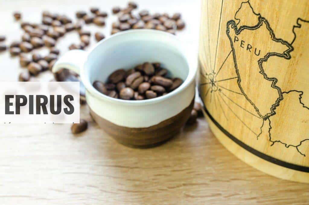 Close-up of fresh roasted coffee beans in a cup with a map of Peru. Perfect for café themes.