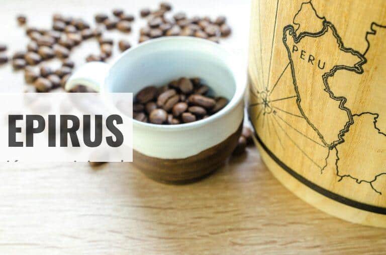 Close-up of fresh roasted coffee beans in a cup with a map of Peru. Perfect for café themes.